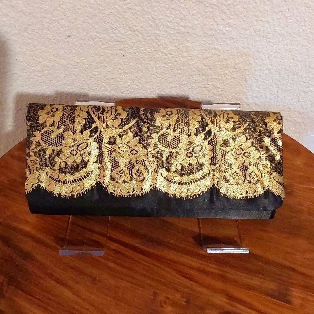Gold/ Black lace Clutch Bag/Purse Gorg EVENING BAG Sz.Large